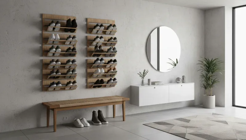 A sleek, modern wall-mounted shoe rack organized with leather boots and sneakers in a minimalist entryway