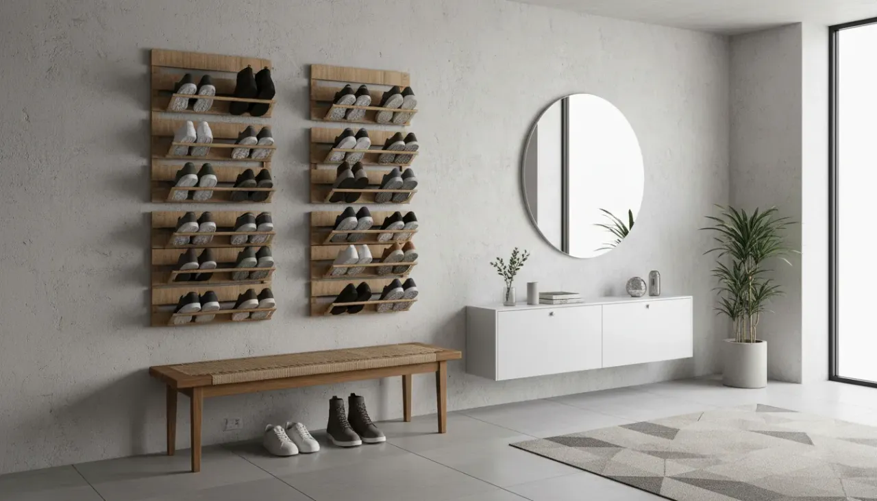 A sleek, modern wall-mounted shoe rack organized with leather boots and sneakers in a minimalist entryway