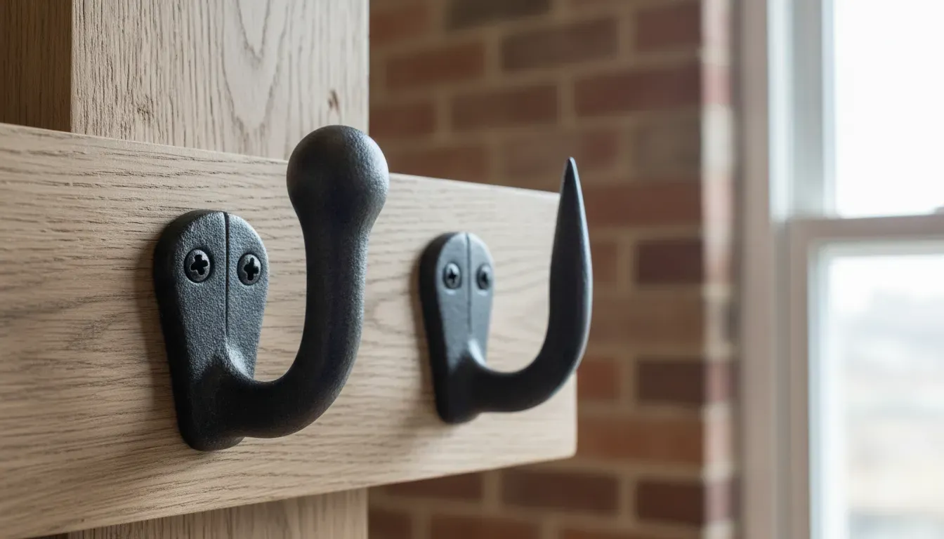 Close up detail of a cast iron coat hook showing the rounded tip compared to a sharp angled utility hook