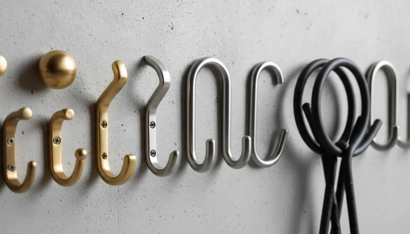 Detailed texture shot of various hook materials including brass, stainless steel, and rubber coated wire