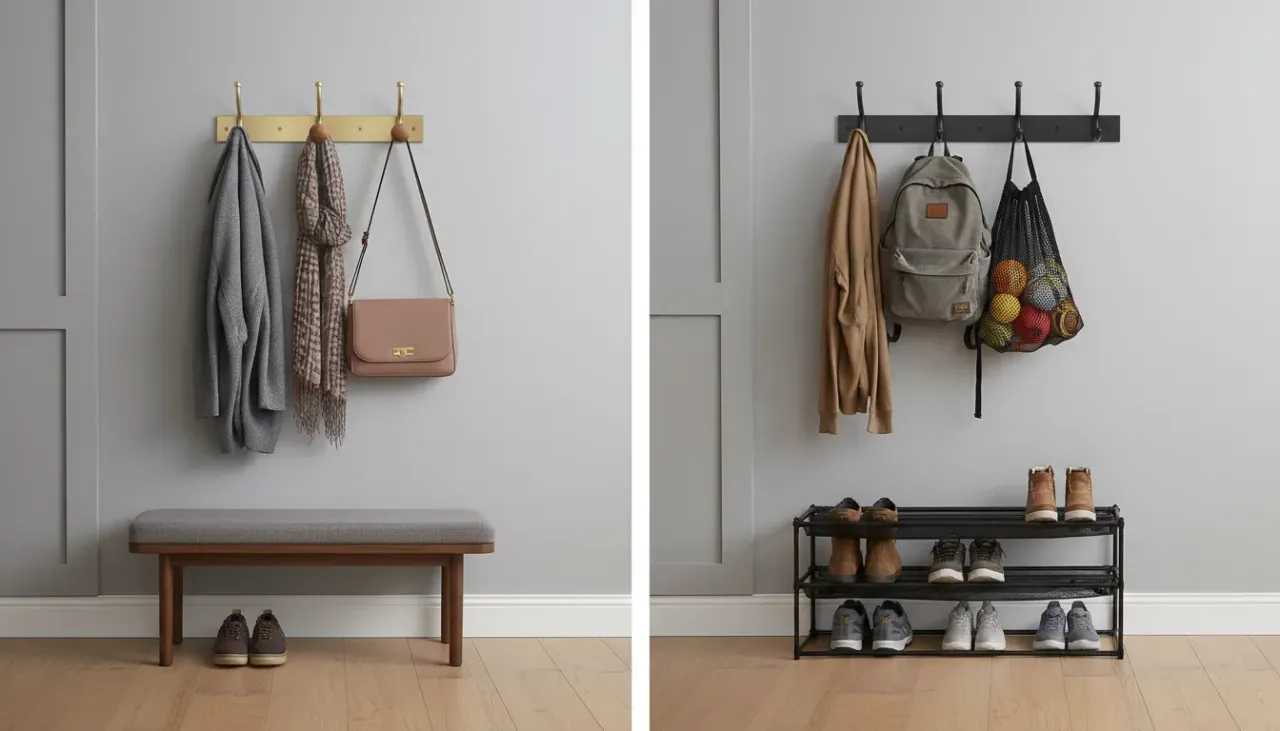 A side-by-side comparison of a decorative brass coat hook and a galvanized steel utility hook mounted on white wainscoting