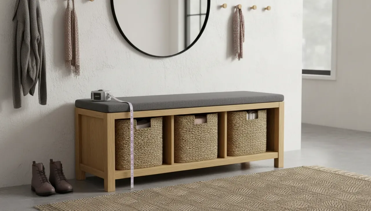 A modern entryway bench with integrated storage illustrating proper ergonomic seating height and depth against a neutral wall.