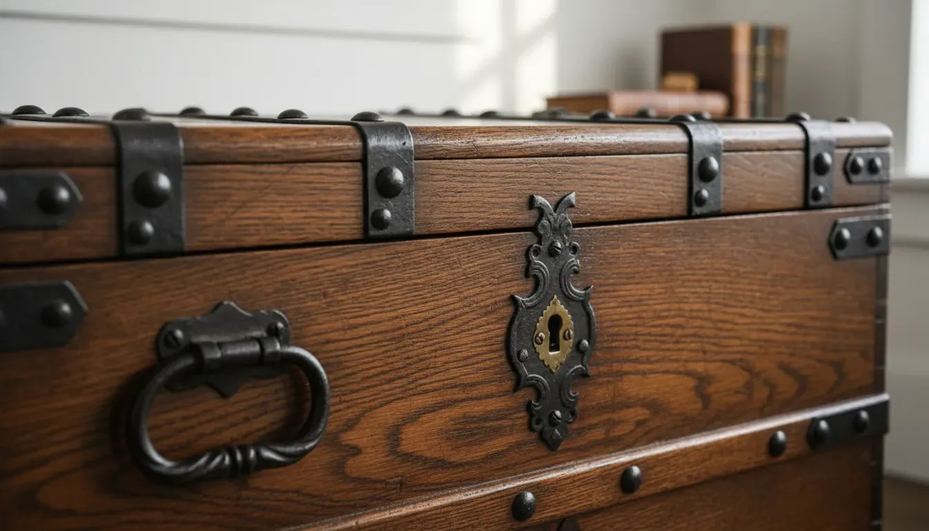 Detailed closeup of an antique wooden chest with iron hardware