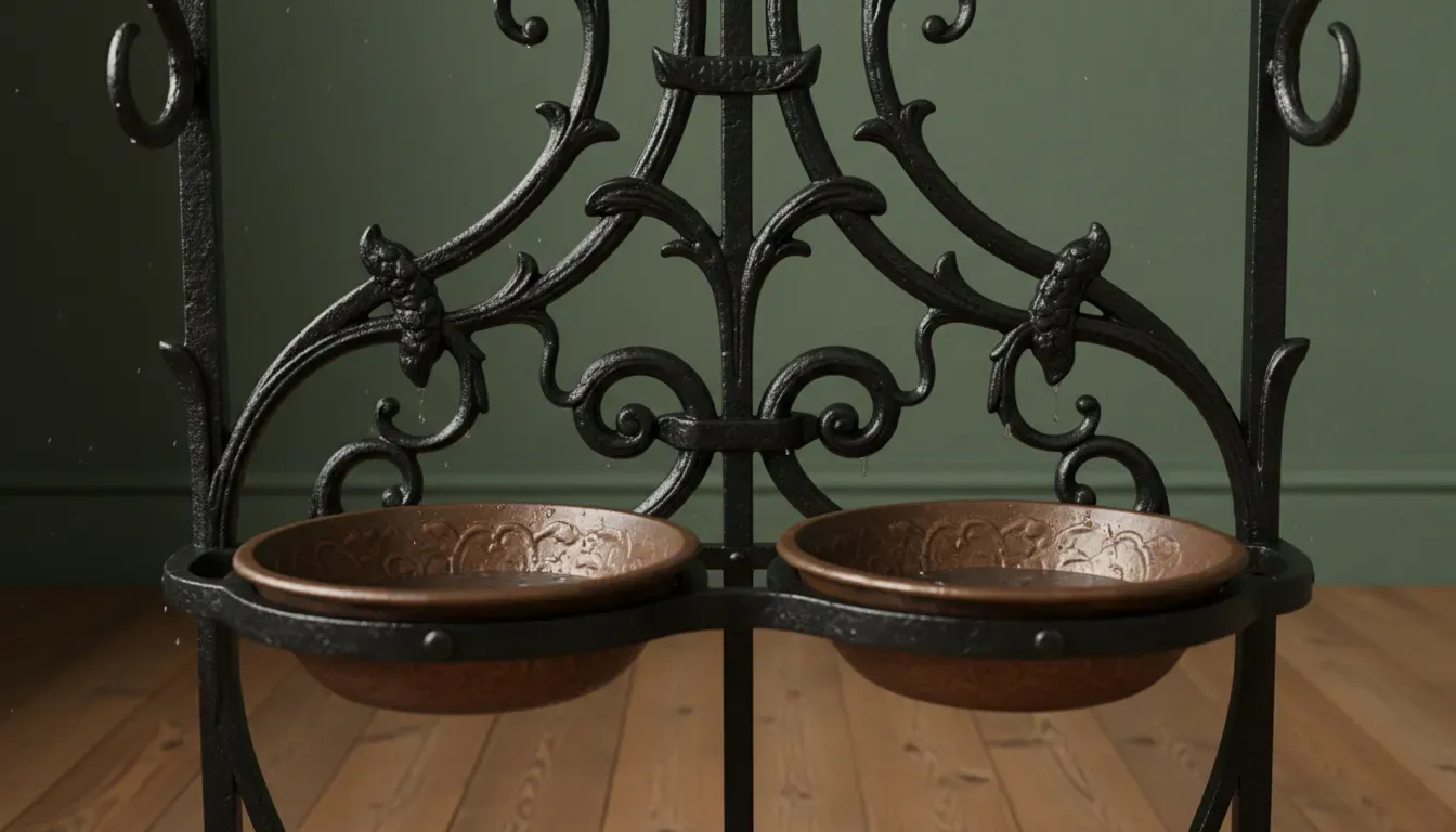 A detailed close-up of an antique cast iron Victorian hall tree with umbrella drip pans
