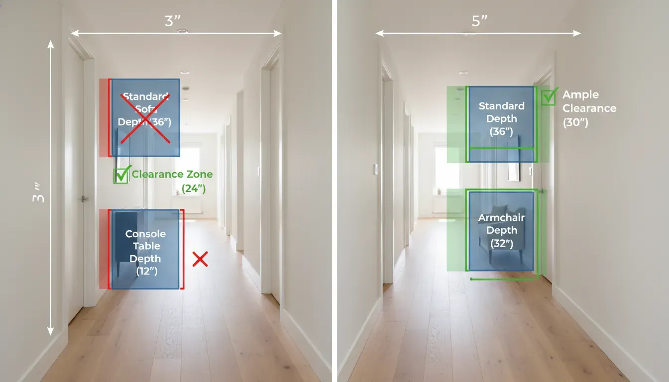 A diagram showing clearance zones in a narrow hallway compared to standard furniture depths