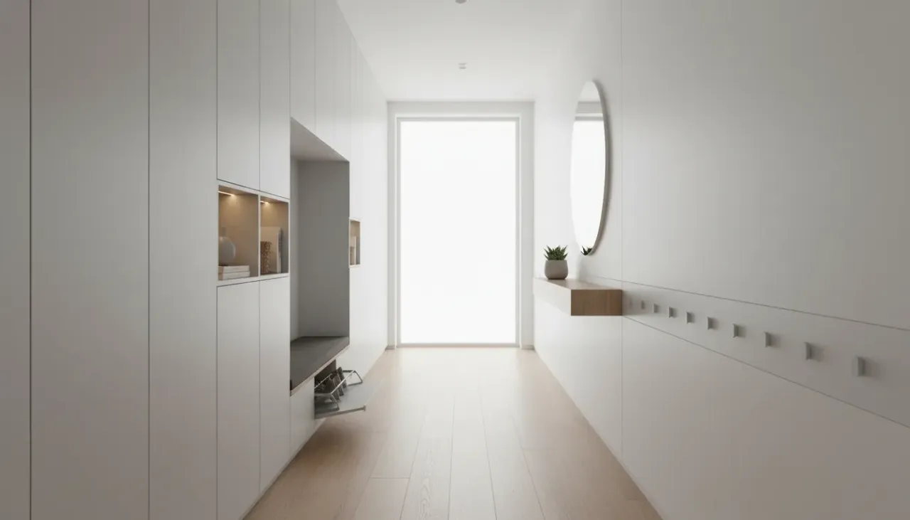 A pristine narrow hallway featuring a white ultra-slim tipping shoe cabinet and minimalist wall hooks.