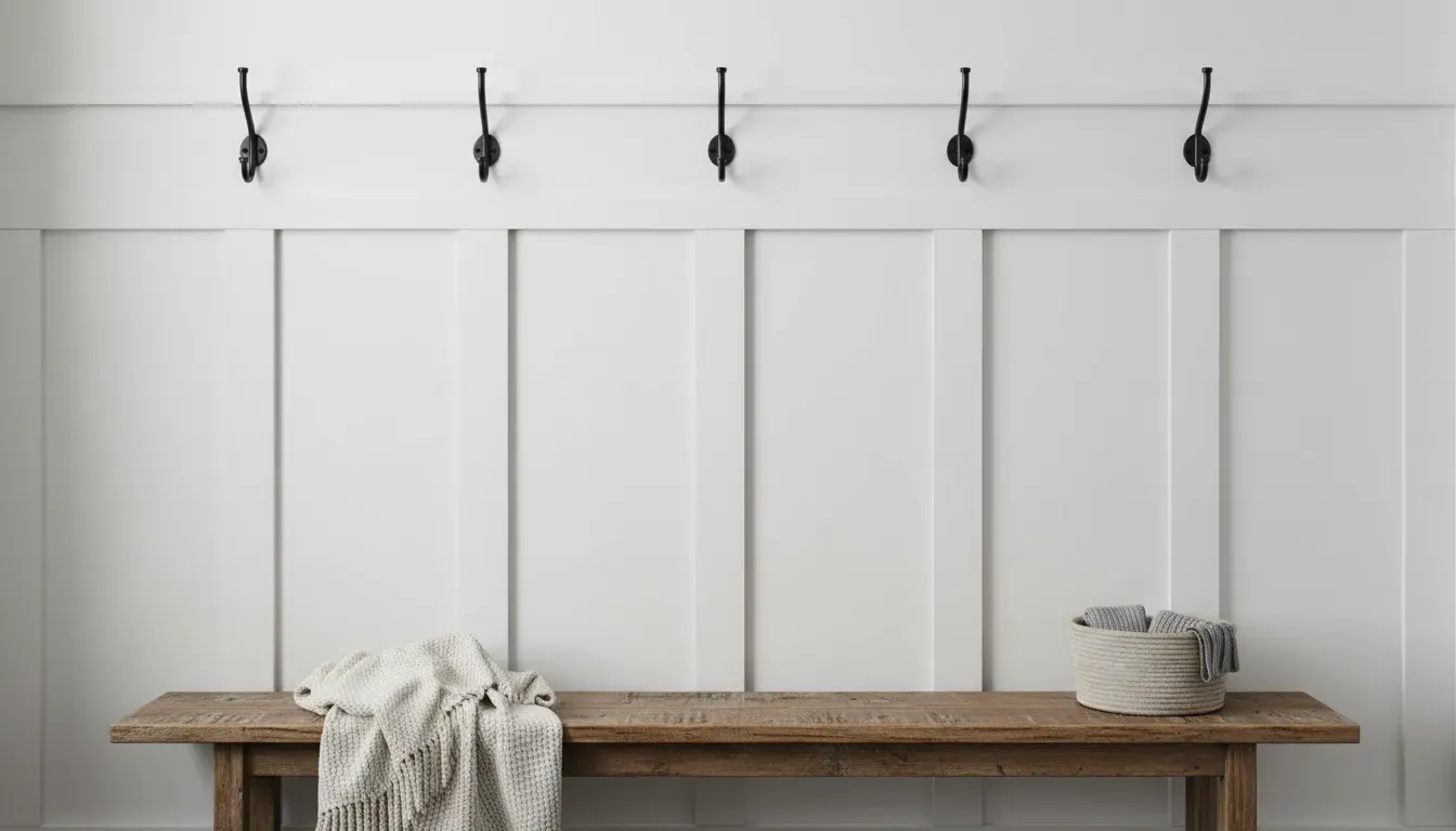 Close up of hooks installed on a white board and batten wall with a wooden bench underneath