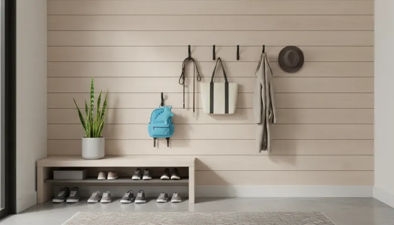 A perfectly organized entryway featuring a double row of coat hooks installed at ergonomic heights on a shiplap wall.