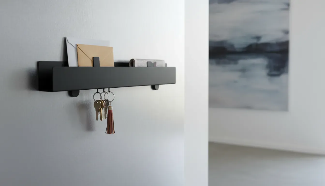 A modern magnetic entryway shelf attached to a steel door holding keys and mail