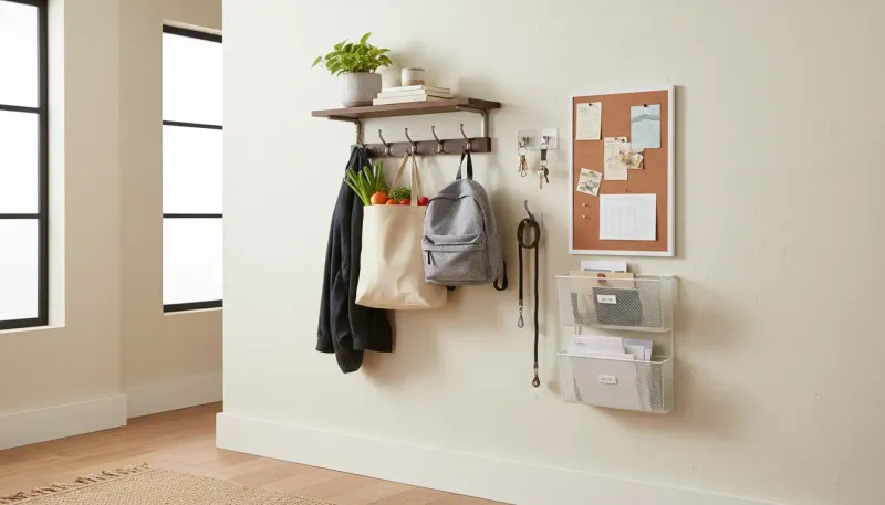 A stylish, organized entryway featuring a wall-mounted organizer holding coats and bags, installed without drilling on a clean white wall.