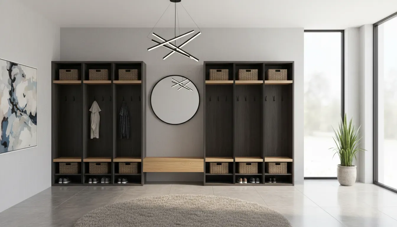 Modern entryway featuring distinct locker sections for family organization