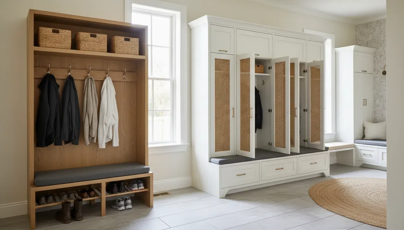 Two-bay locker-style hall tree with open cubbies and a central bench in a hallway