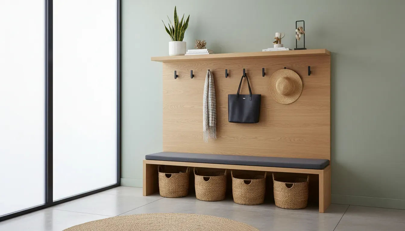 Modern entryway featuring a combined shelf and hook system with a bench underneath and wicker baskets for organization