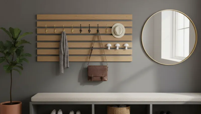 A beautifully organized entryway featuring brass double hooks mounted on a dark wainscoting background holding wool coats and a leather bag