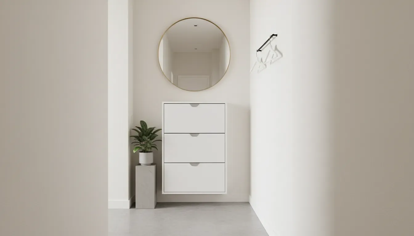 A minimalist white slim shoe cabinet in a narrow hallway with a round mirror above