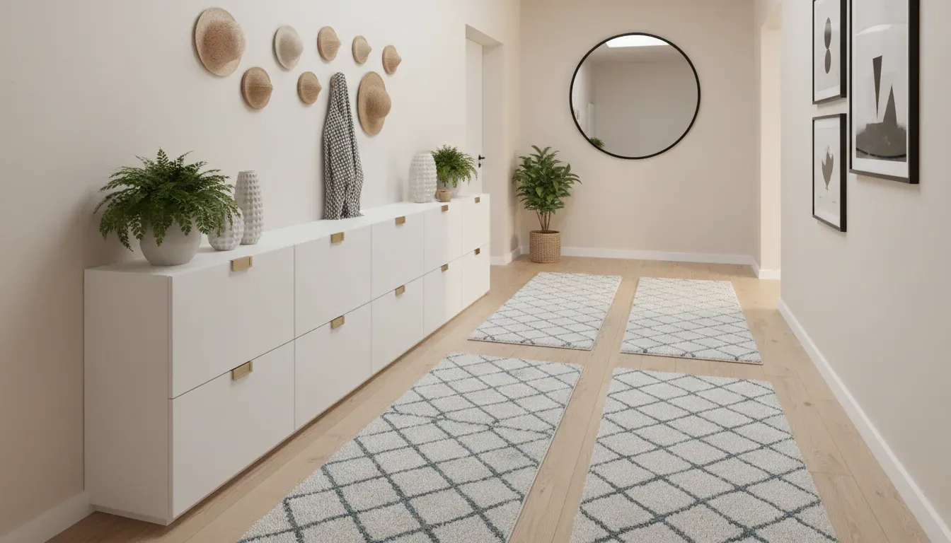 Styled hallway with a narrow shoe cabinet, runners, and wall hooks