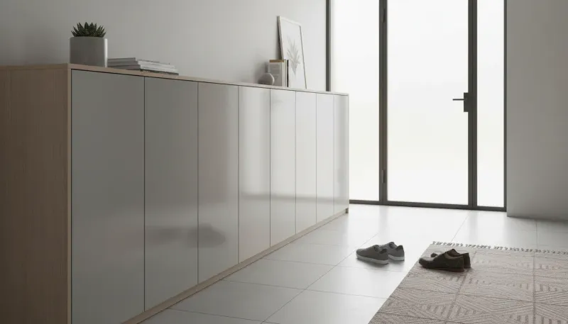 A pristine, modern hallway featuring a white slim shoe cabinet styled with a round mirror and a vase of dried flowers