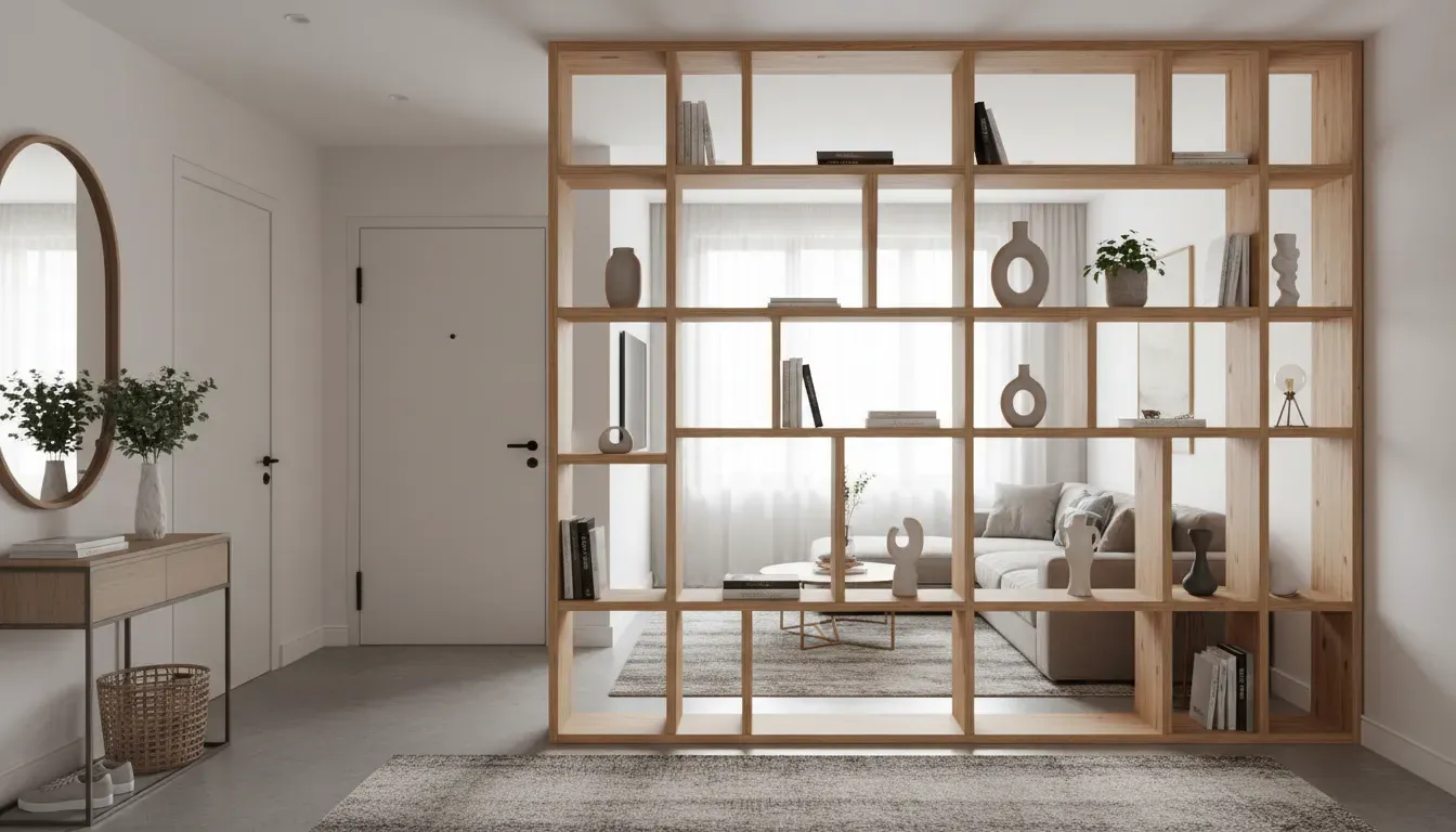 A creative room divider bookshelf acting as an entryway partition in a studio apartment.