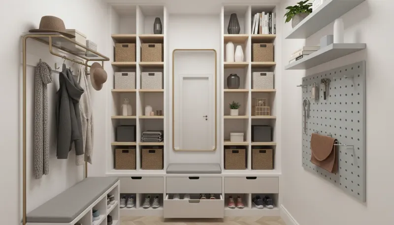 A pristine, narrow apartment entryway featuring floor-to-ceiling shelving and sleek vertical storage solutions.