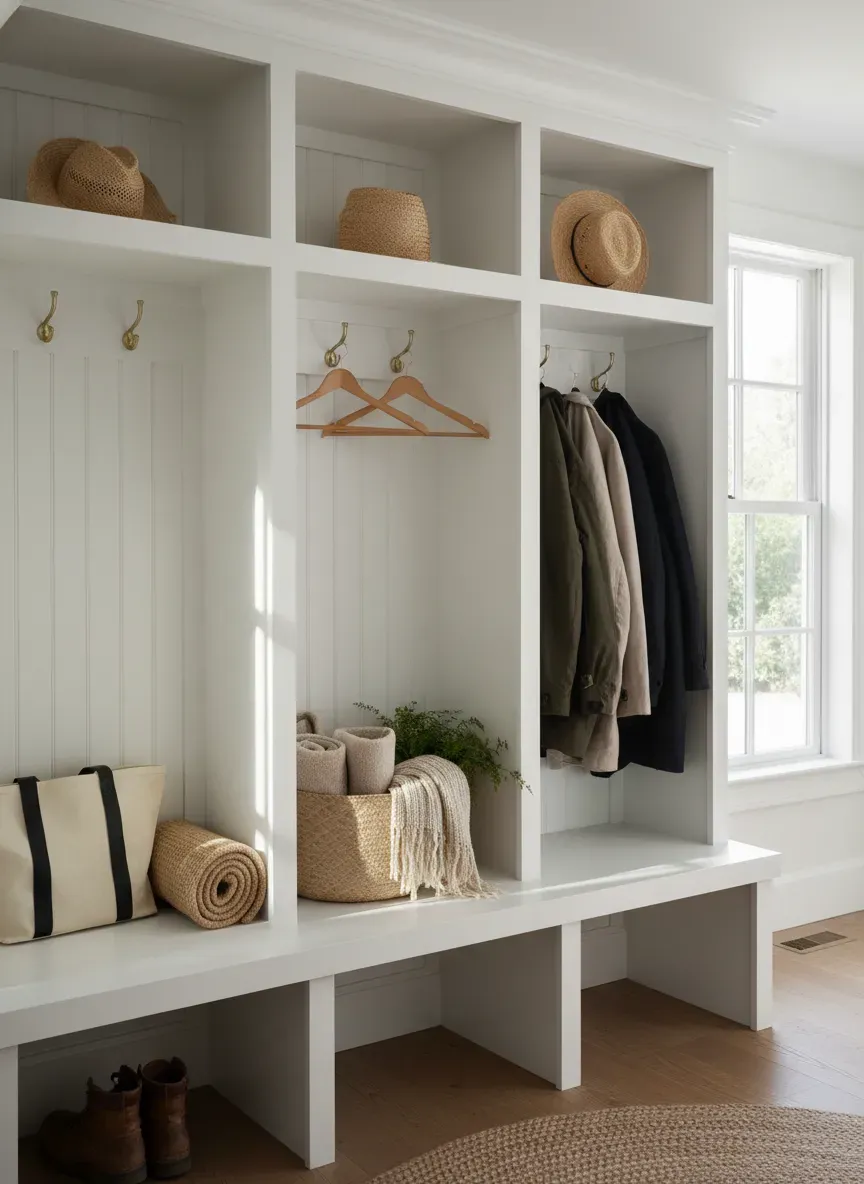Classic mudroom cubbies with beadboard backing and natural light