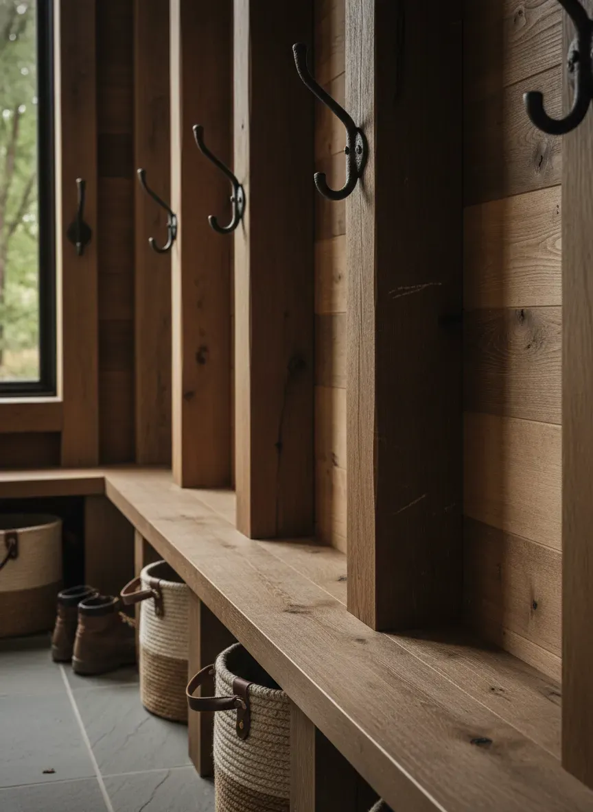 Detailed view of joinery and heavy-duty coat hooks in a mudroom