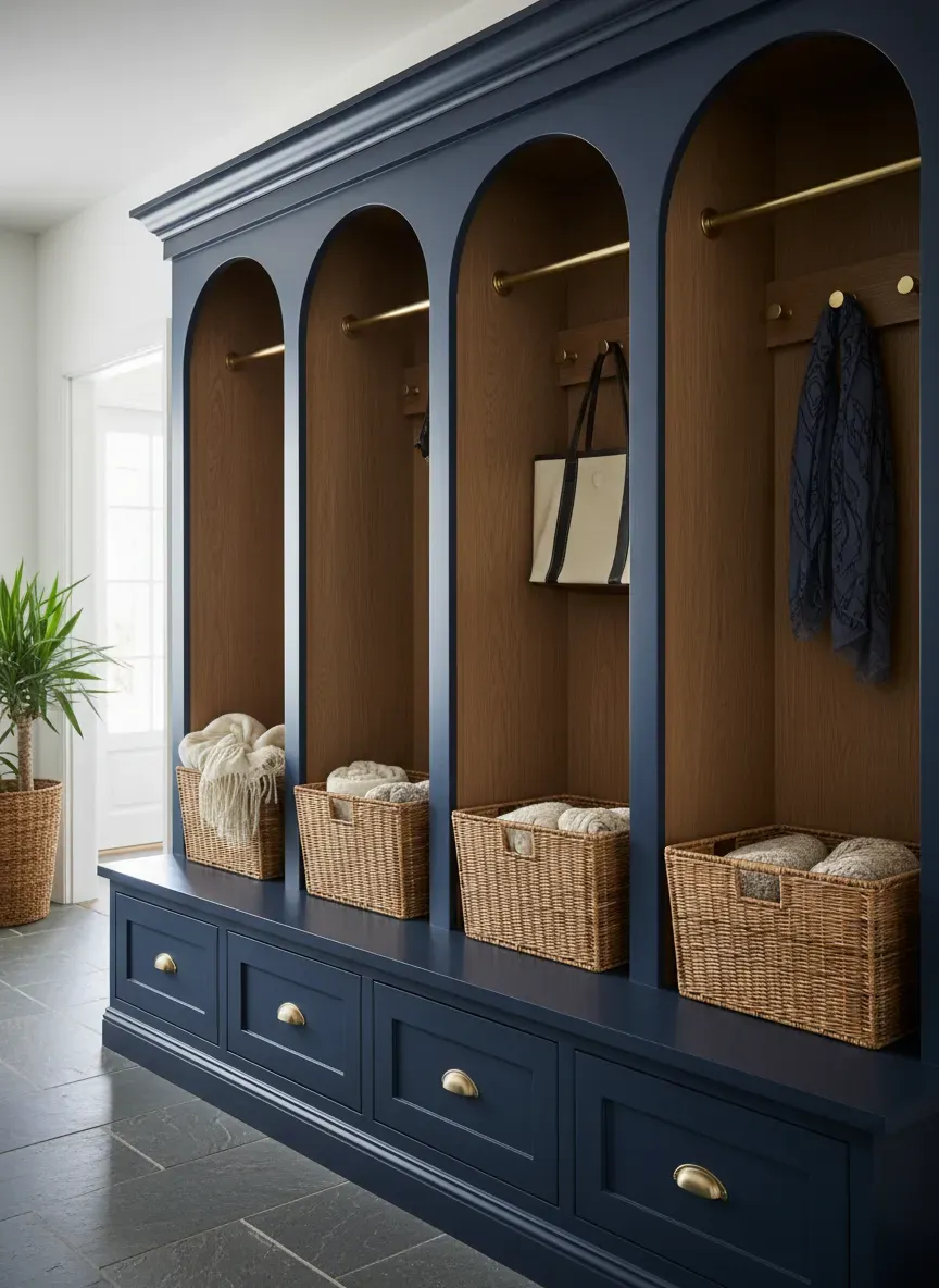A beautifully painted, deep blue mudroom cubby setup with brass hardware