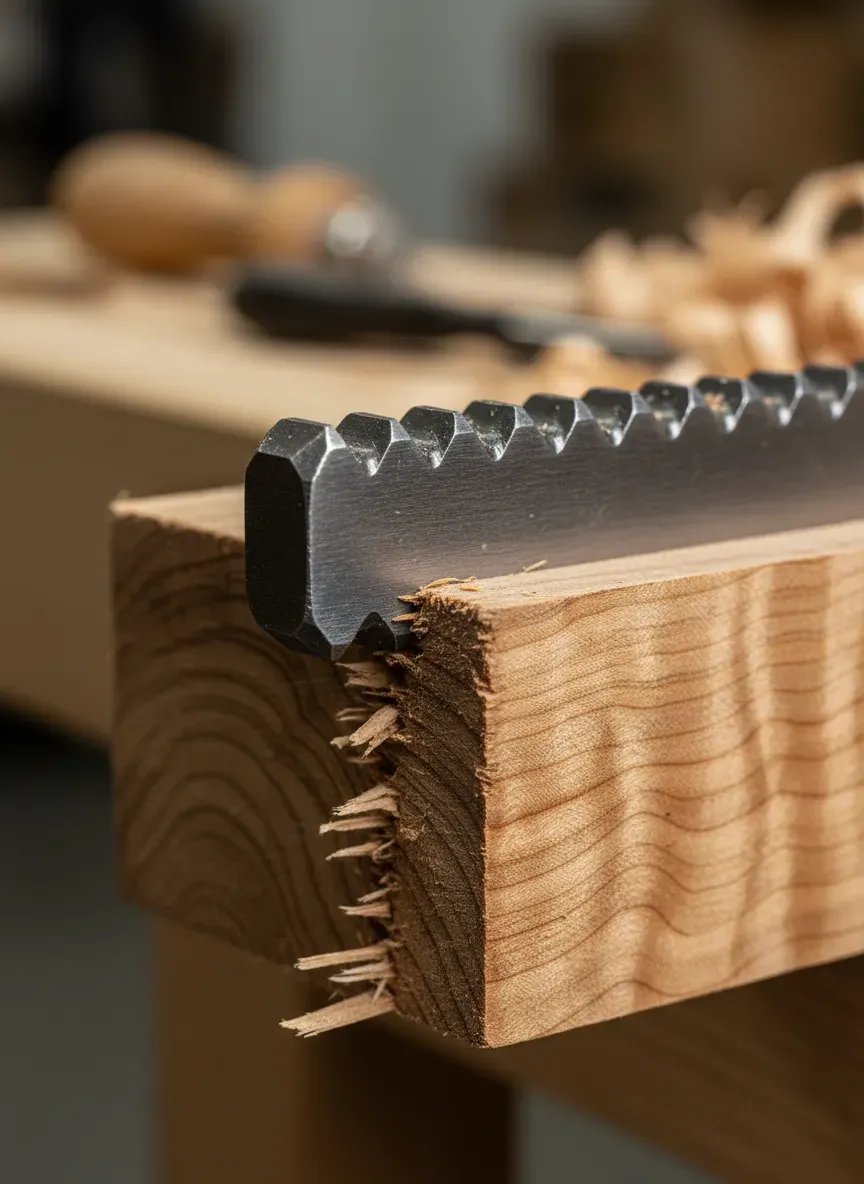 A close-up showing the aggressive steel teeth of a traditional planing stop biting into the end grain of a piece of curly maple.