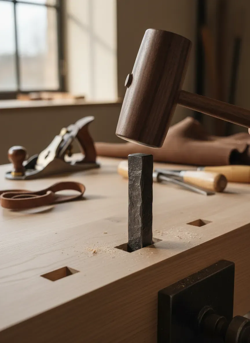 A woodworker using a wooden mallet to adjust the height of a wrought iron planing stop protruding from a thick ash workbench.