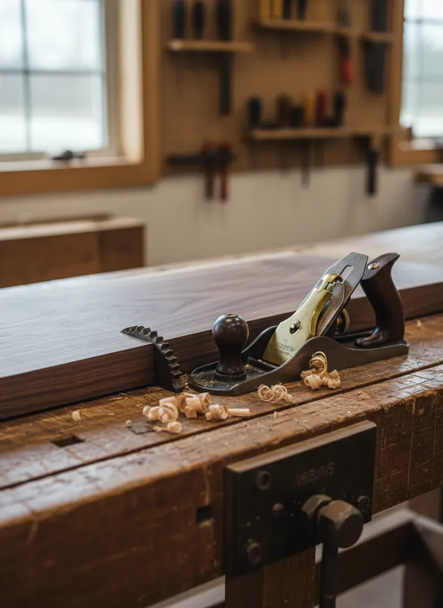 A wide slab of walnut secured against a toothed planing stop, accompanied by a vintage Stanley No. 7 jointer plane resting on the benchtop.