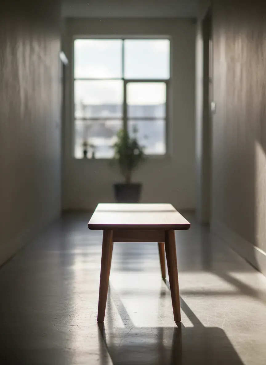 A sleek walnut mid-century modern bench with tapered legs in a narrow, sunlit hallway