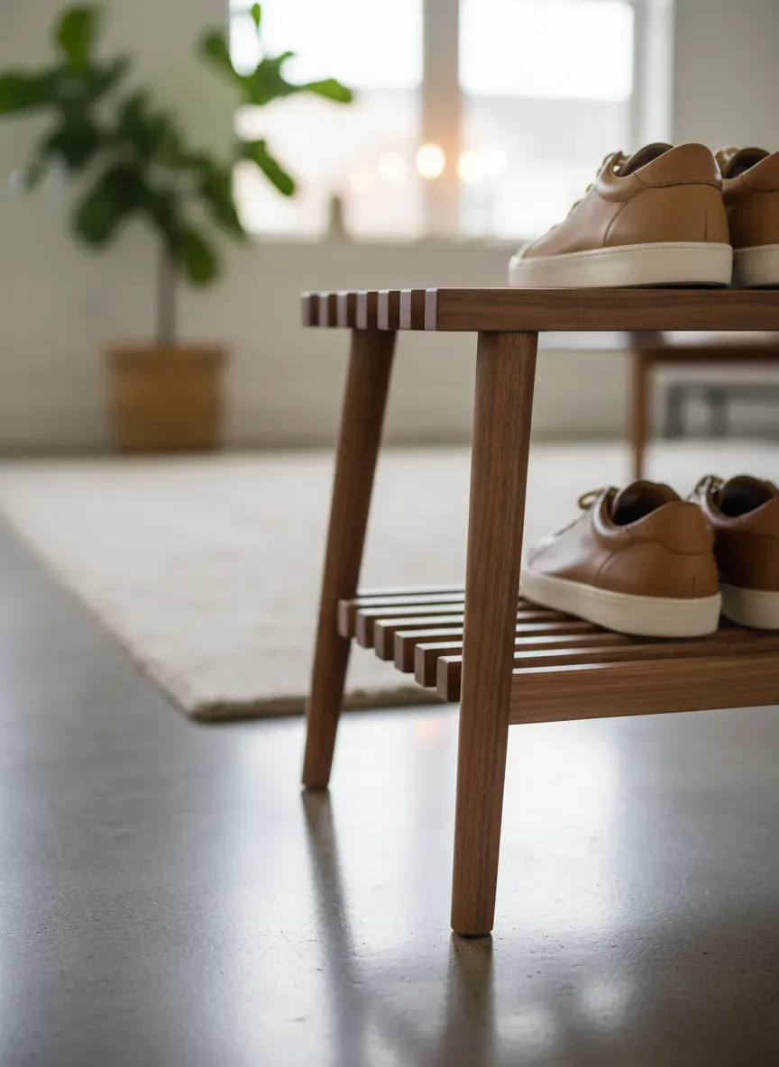 Close up detail of tapered wooden legs and a slatted shoe shelf on a mid-century bench
