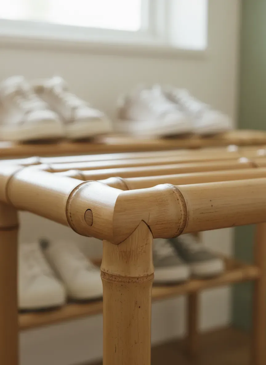 A detailed close-up of bamboo joinery on a narrow shoe bench showing texture