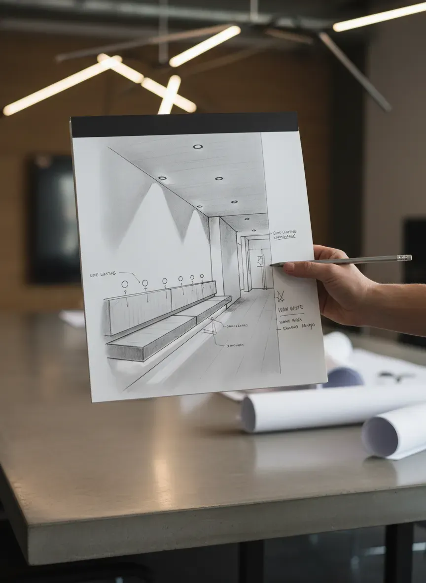 Interior design sketch showing lighting placement on a hallway bench