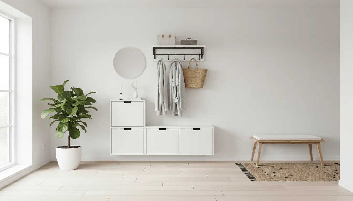 A bright, minimalist entryway featuring white IKEA furniture, including a shoe cabinet and a wall-mounted coat rack, demonstrating clean Scandinavian design.