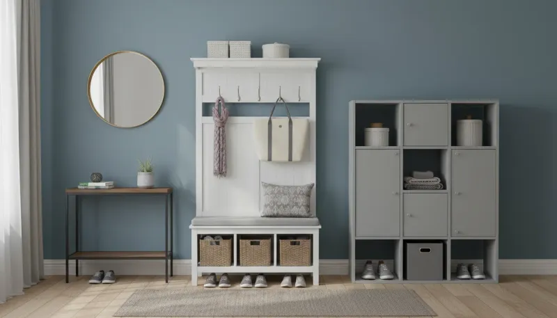 A modern, budget-friendly hall tree in a bright foyer with coats hanging and shoes stored in lower cubbies.