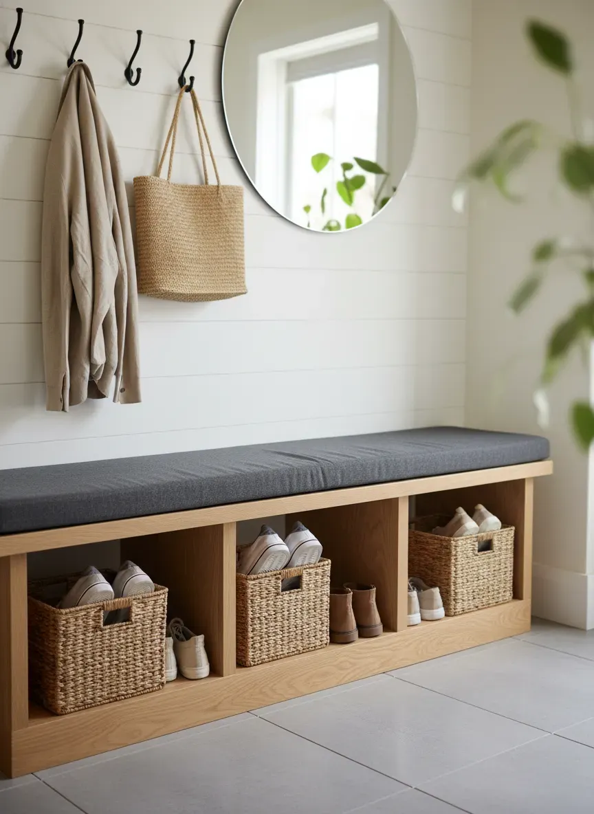 A modern mudroom setup demonstrating perfect 18-inch depth seating with integrated woven baskets for shoe organization