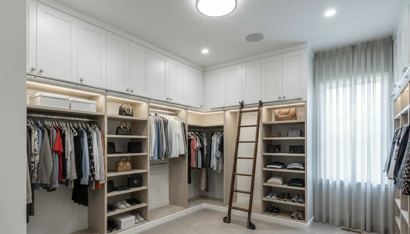 High ceiling closet storage utilization with upper cabinets