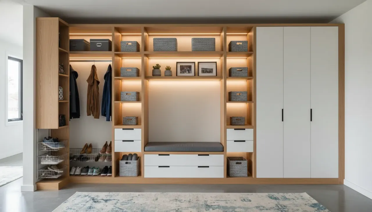 A modern, organized entryway coat closet with custom shelving and lighting