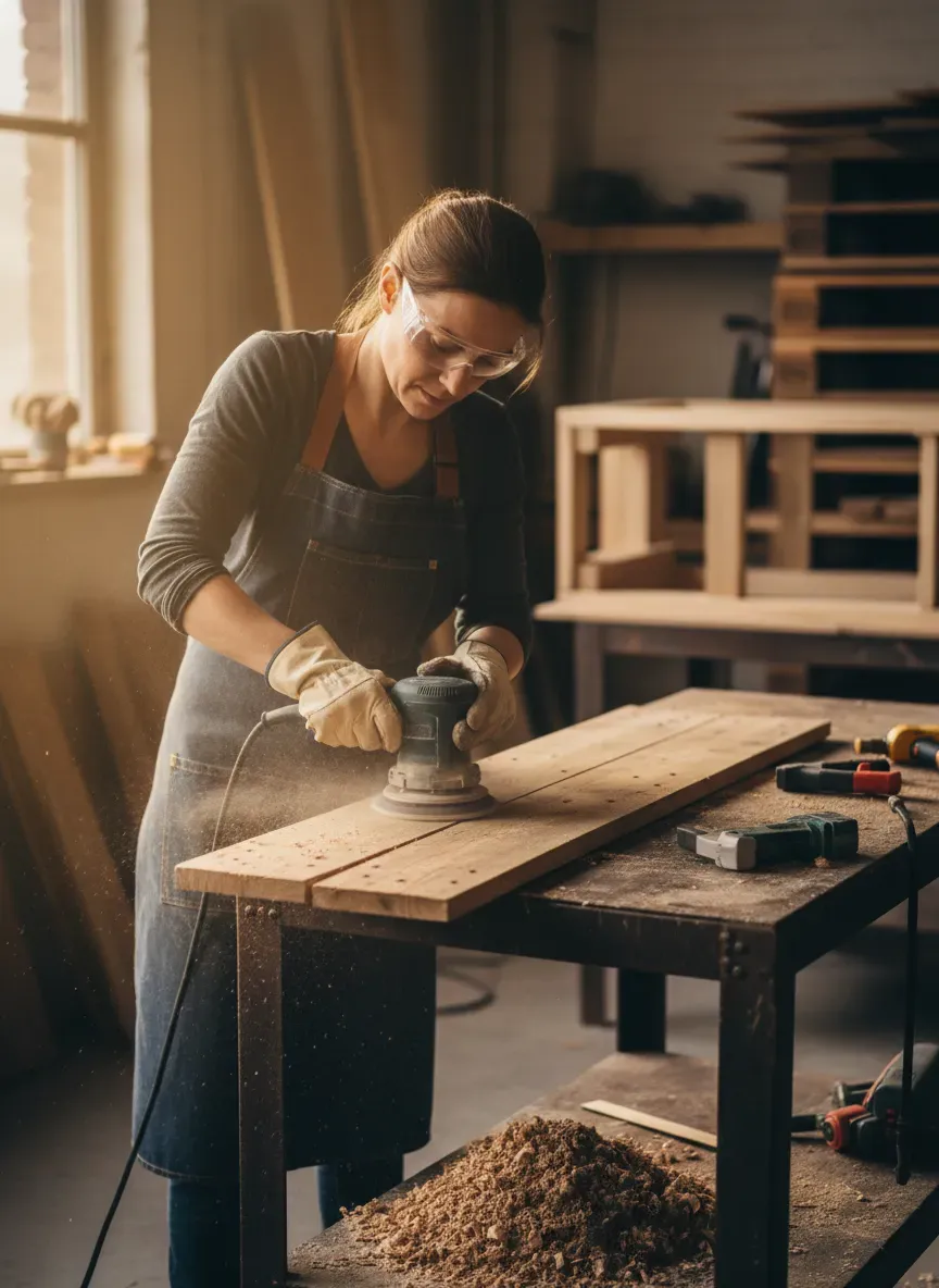 Deconstructing and sanding rough pallet wood slats for a bench