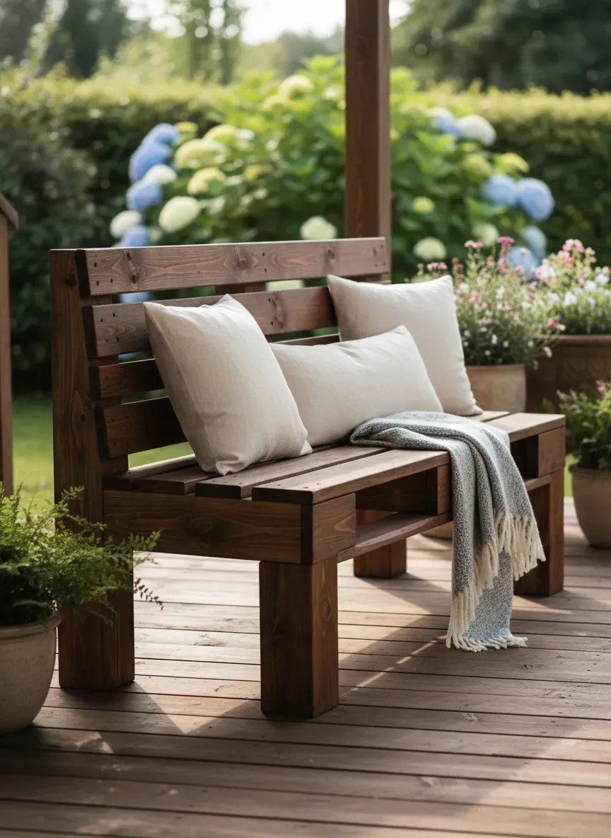 Fully assembled and stained DIY pallet bench on a porch