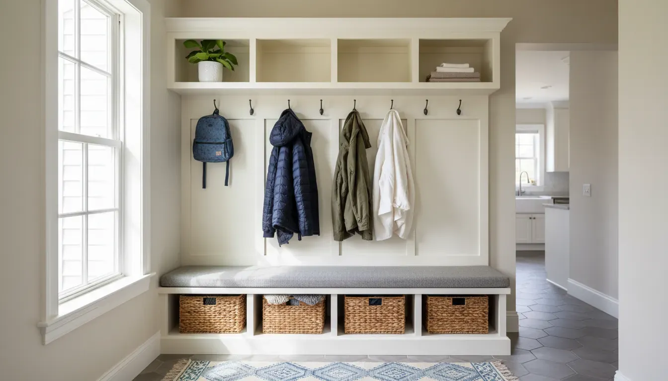A bright, wide-angle shot of a perfectly organized and maintained mudroom hall tree with coats, baskets, and a small plant, showcasing the result of good maintenance.