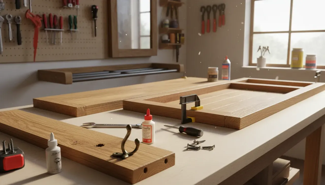 A photo of a well-used wooden hall tree in a bright entryway, highlighting a tool kit resting on the storage bench ready for repairs.