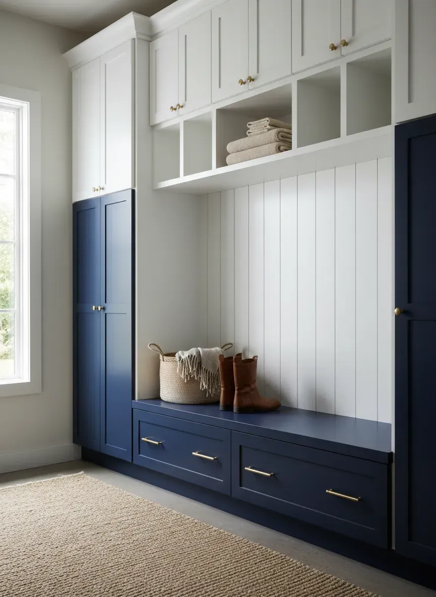 Custom two-tone mudroom cabinetry featuring a dark navy lower bench and crisp white upper cubbies