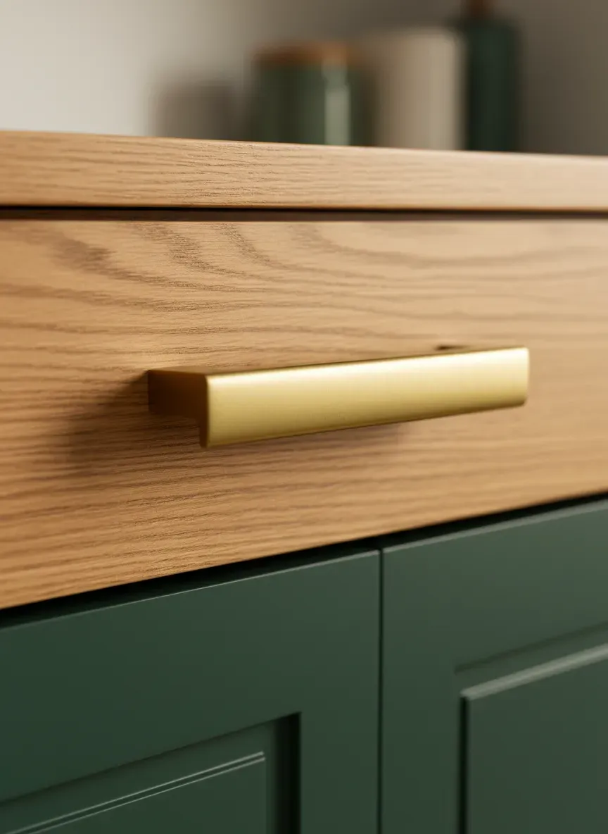 Detail shot of solid brass bin pulls bridging the gap between natural oak wood and painted green cabinetry