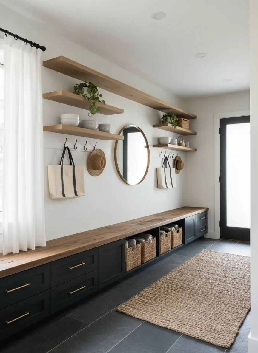 A well-lit mudroom demonstrating the perfect 1/3 to 2/3 ratio of dark lower cabinets to light upper walls