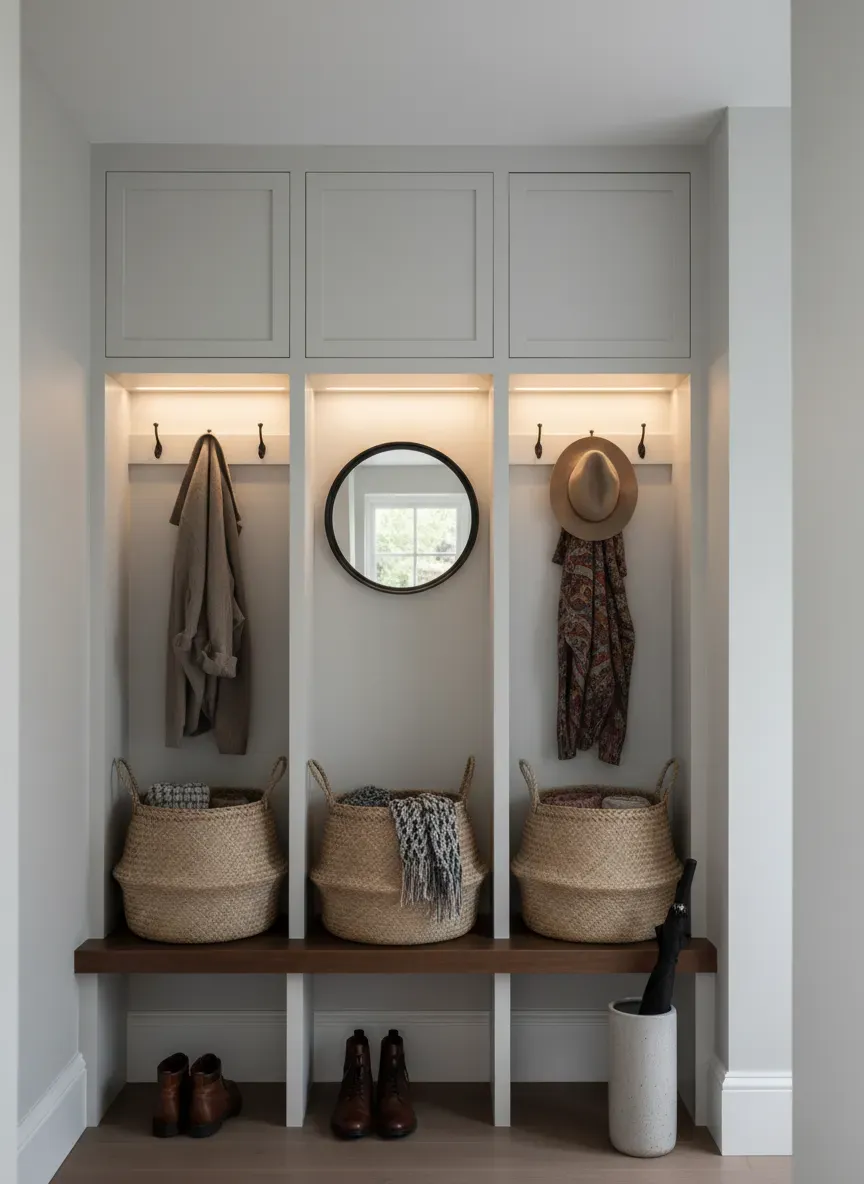 Finished built-in entryway with baskets and lighting