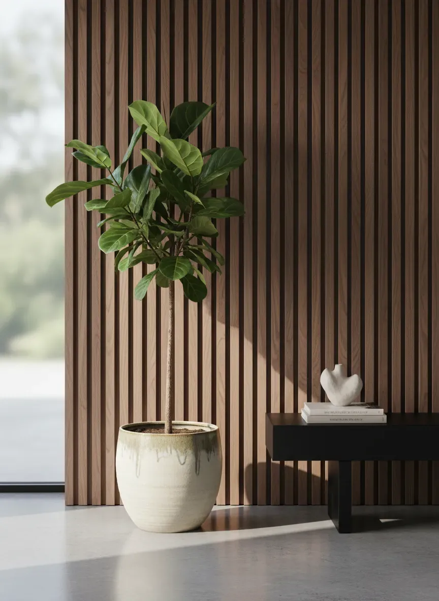 Modern biophilic entryway featuring a rich walnut slat wall and a tall Ficus Audrey in a ceramic planter