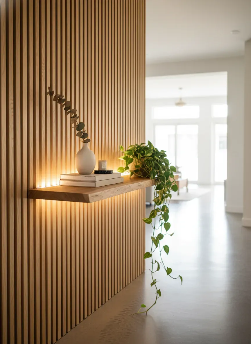 A perfectly balanced entryway featuring a floating oak console attached to a slat wall, adorned with cascading Pothos and warm LED backlighting
