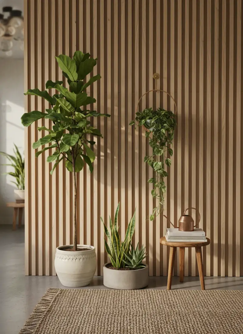 Biophilic Entryway Guide: Wood Slat Walls & Plants