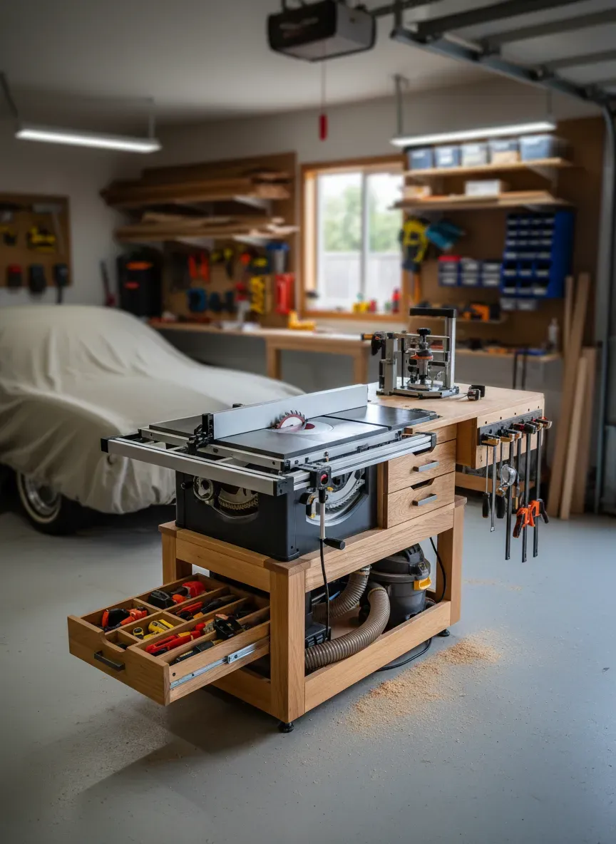 A compact, multi-functional table saw workbench stationed in a well-organized one-car garage woodshop
